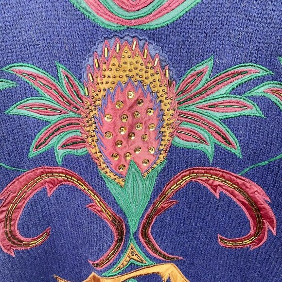 Vintage Sweater Mister Leonard Womens Large Navy Blue Applique Beaded Pullover - Picture 2 of 4